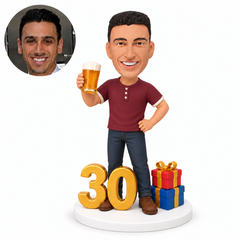 custom bobblehead figure man raising a beer mug beside a number 30 and gifts