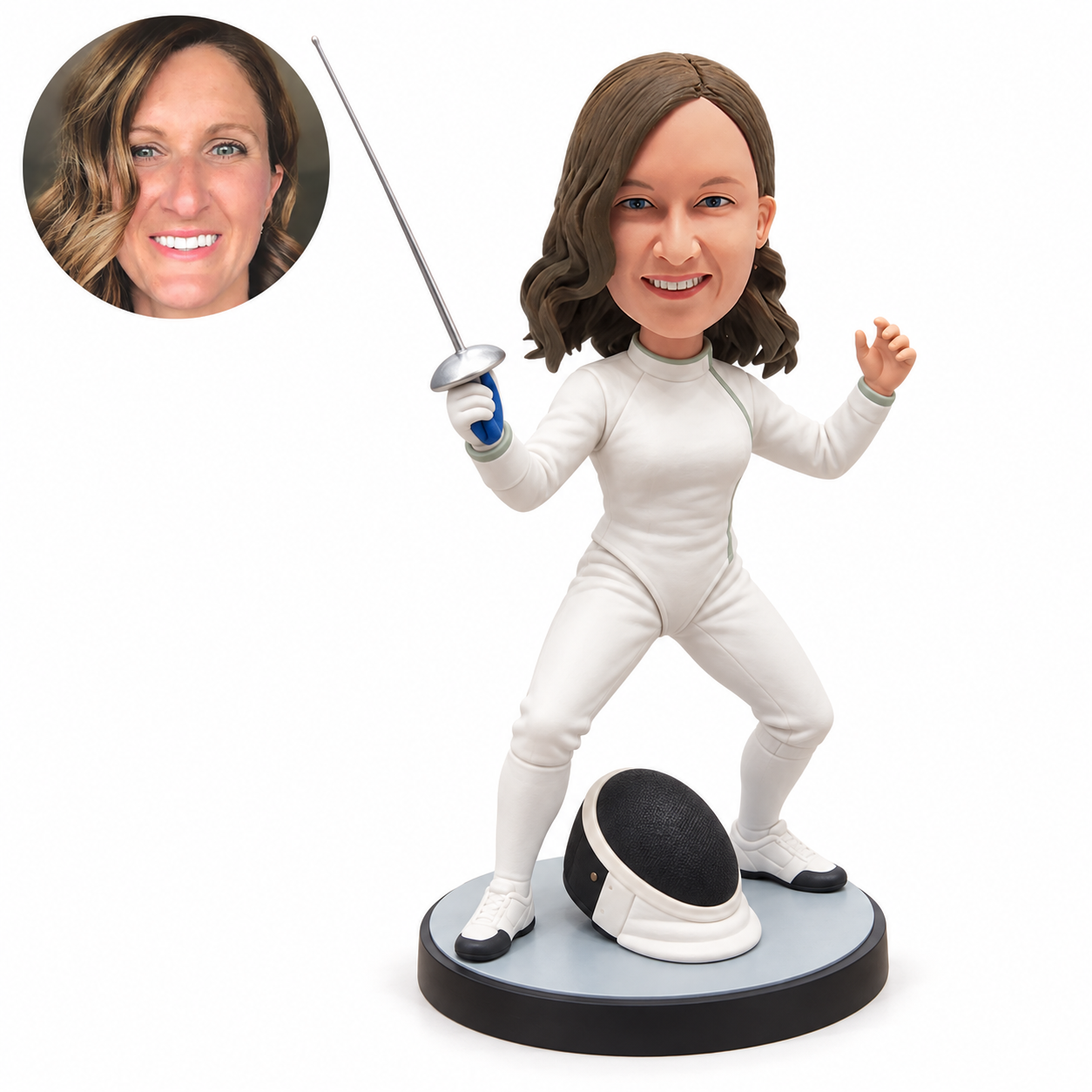 custom bobblehead figure female fencer raising her foil and opposite hand with a mask on the base