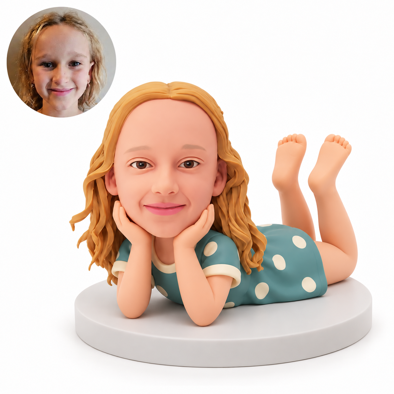 custom bobblehead figure girl lying on her tummy with both hands cupping her cheeks and both knees bent up