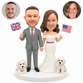 custom bobblehead figures wedding couple holding hands and two national flags with two fixed white dogs
