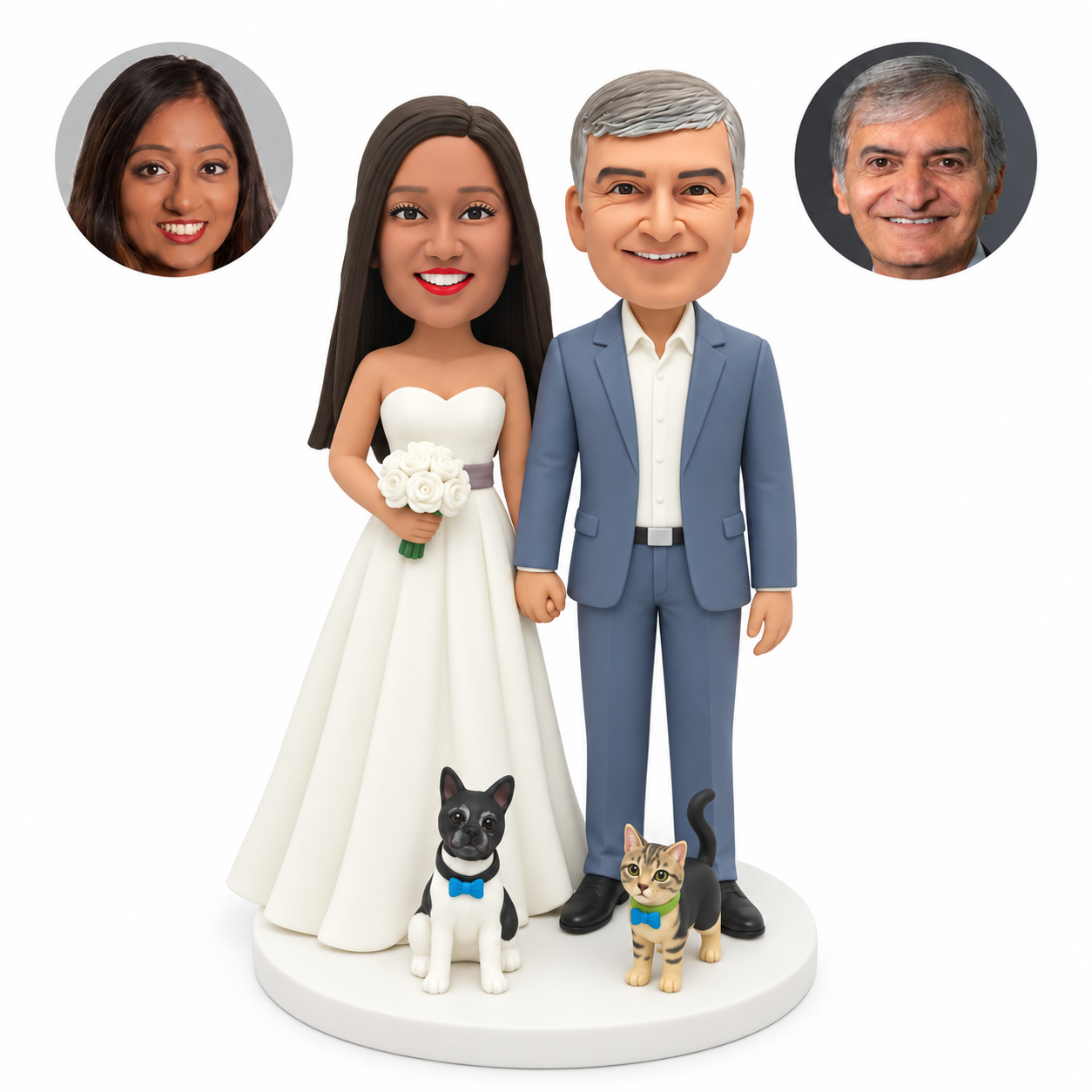 custom bobblehead figures wedding couple holding hands with the bride holding a bouquet and two fixed animal accessories