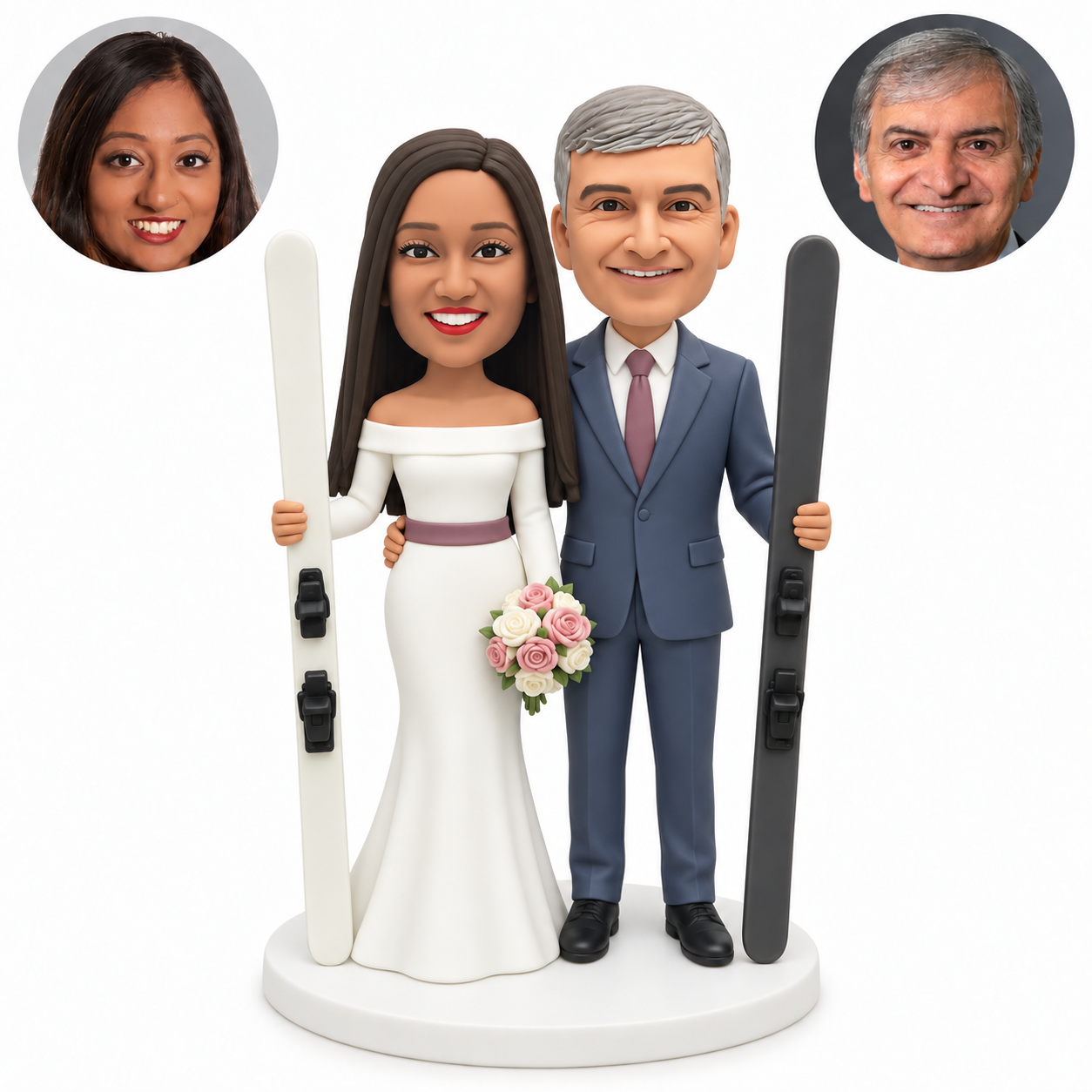 custom bobblehead figures wedding couple holding two upright boards with the bride holding a bouquet