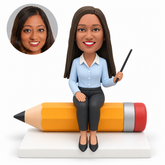 custom bobblehead figure female teacher seated on a giant pencil holding a pointer with her other hand on her thigh