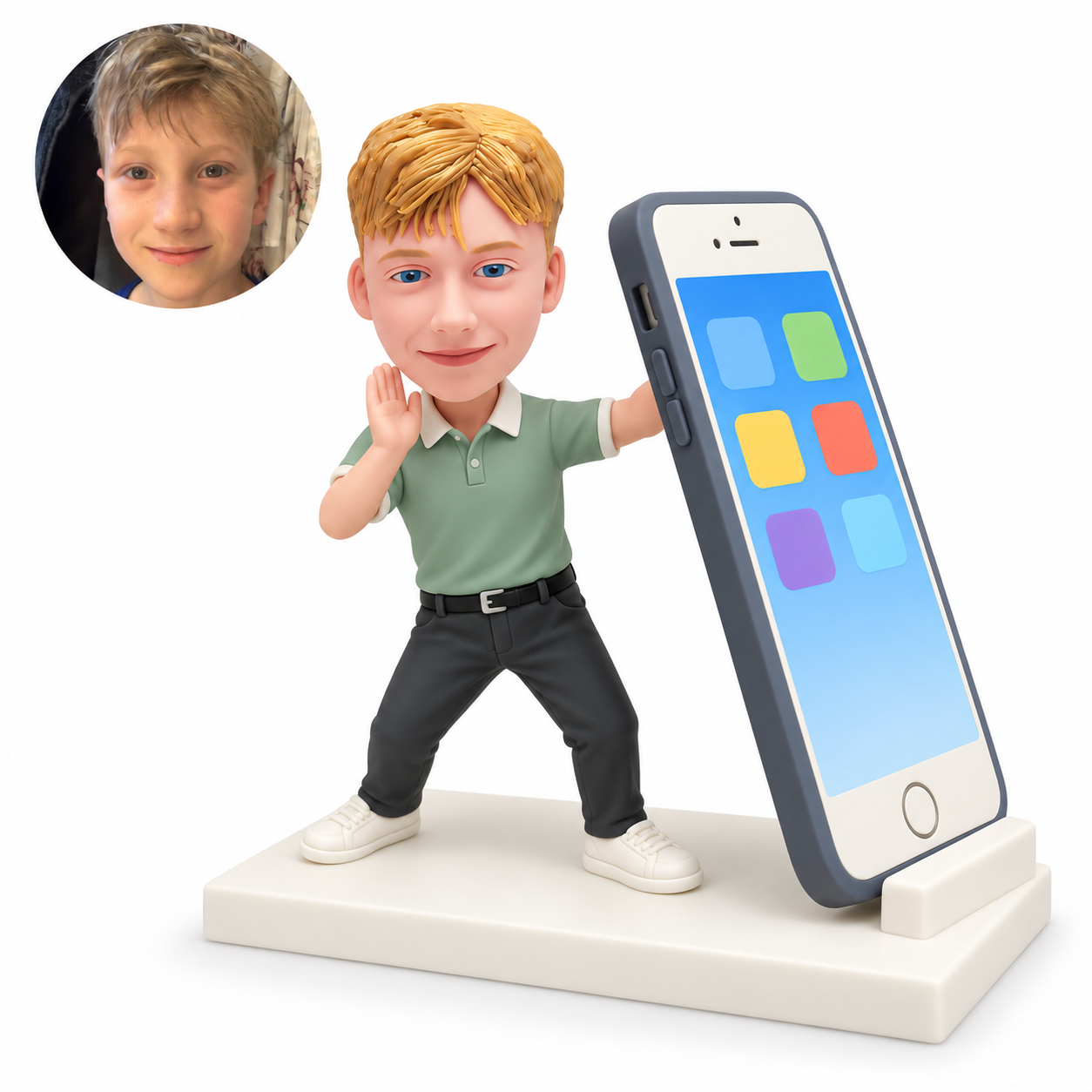 custom bobblehead figure boy standing with one hand raised beside his face and the other supporting a large tilted phone model