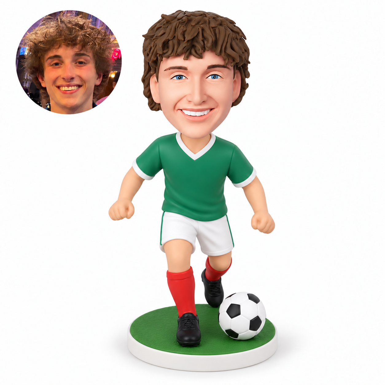 custom bobblehead figure male soccer player running with both fists low at his sides and a football beside his forward foot