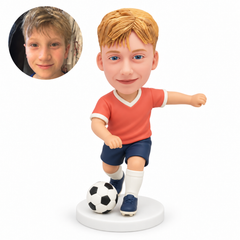 custom bobblehead figure boy soccer player running with one arm extended sideways and the opposite forearm bent at his waist