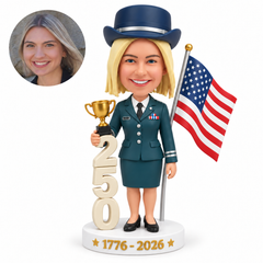 custom bobblehead figure woman in a ceremonial skirt uniform holding a trophy beside stacked 250 numerals and an American flag
