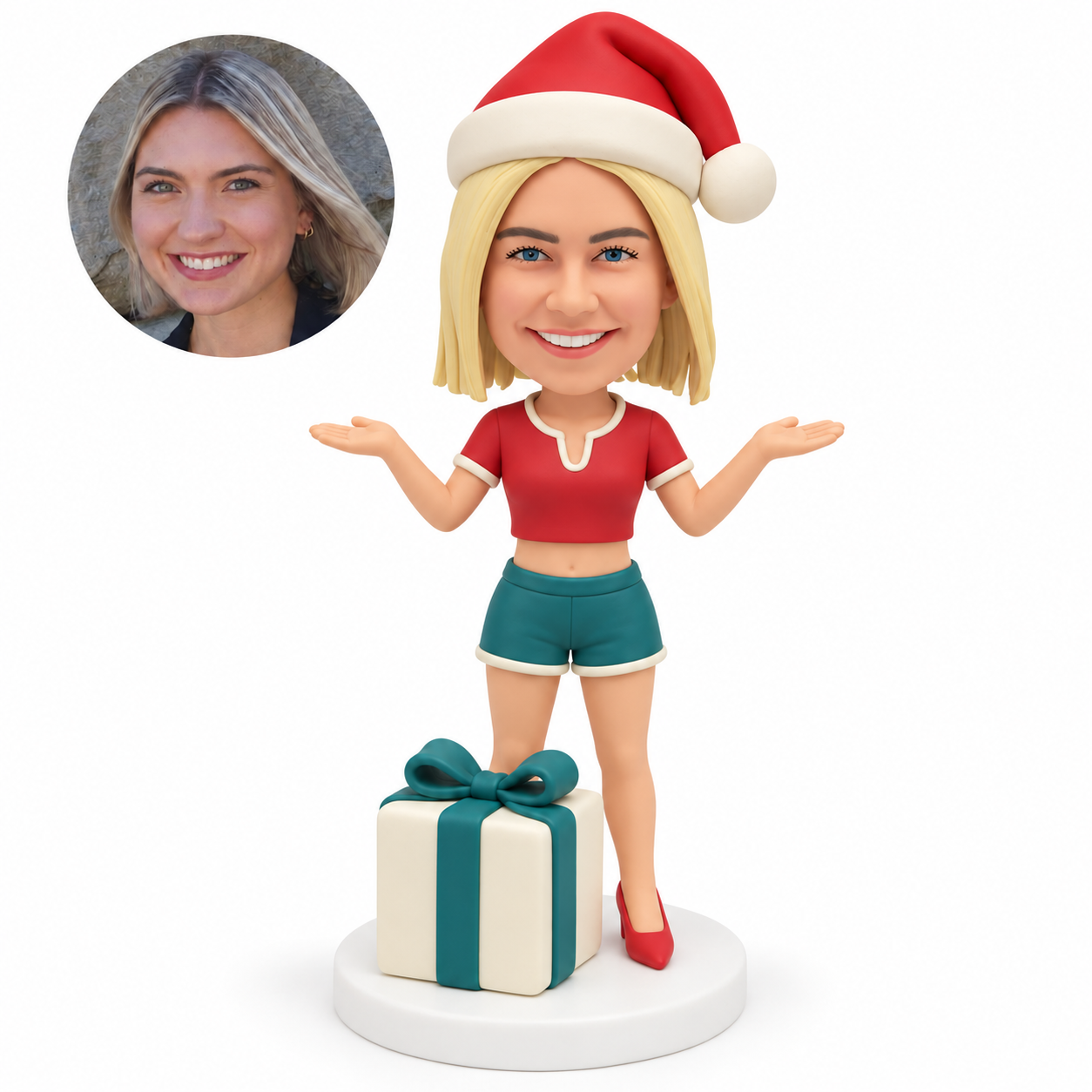 custom bobblehead figure woman with both palms extended outward beside a large wrapped gift box