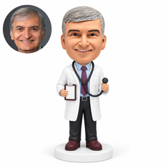 custom bobblehead figure male doctor holding a clipboard and lifting the chestpiece of his stethoscope