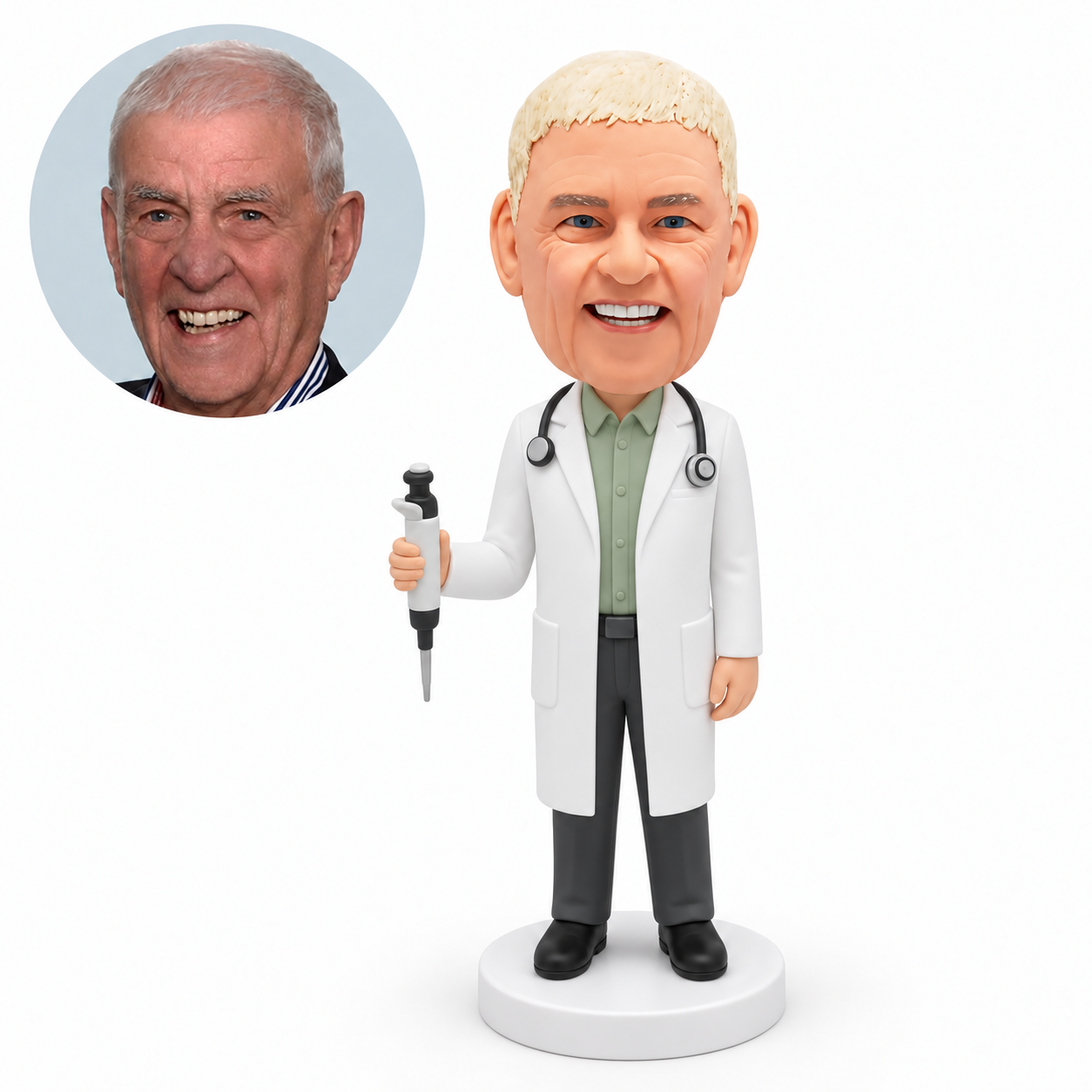 custom bobblehead figure male doctor holding a vertical laboratory micropipette with one hand