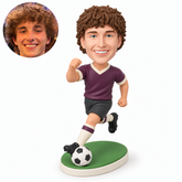 custom bobblehead figure male soccer player running with his right fist raised forward and his left fist swung back