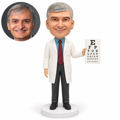 custom bobblehead figure male eye doctor holding an eye chart in his left hand with his right arm lowered