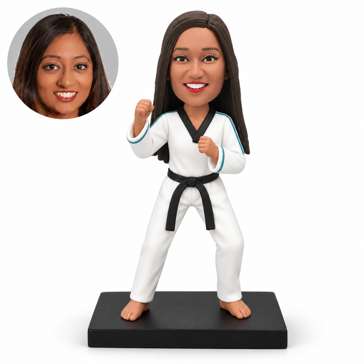 custom bobblehead figure female taekwondo martial artist in a wide barefoot stance with both fists raised in a guard