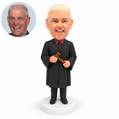 custom bobblehead figure male judge holding one wooden gavel diagonally across his waist with both hands