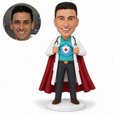 custom bobblehead figure male doctor opening his shirt beneath a long lab coat and cape