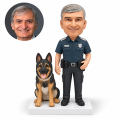 custom bobblehead figure male police officer with one hand on his belt beside a seated German Shepherd