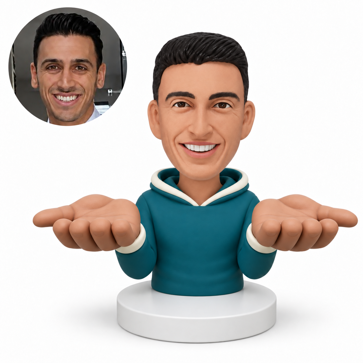 custom bobblehead figure male half-body bust in a hoodie with two oversized palms facing upward