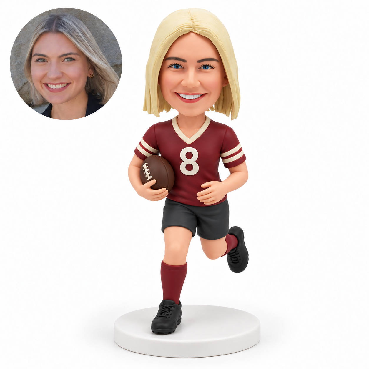 custom bobblehead figure female rugby player running with a ball in her right arm and an open left hand