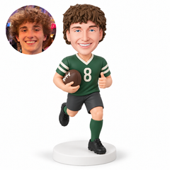 custom bobblehead figure male rugby player running with a ball in his right arm and his left thumb up
