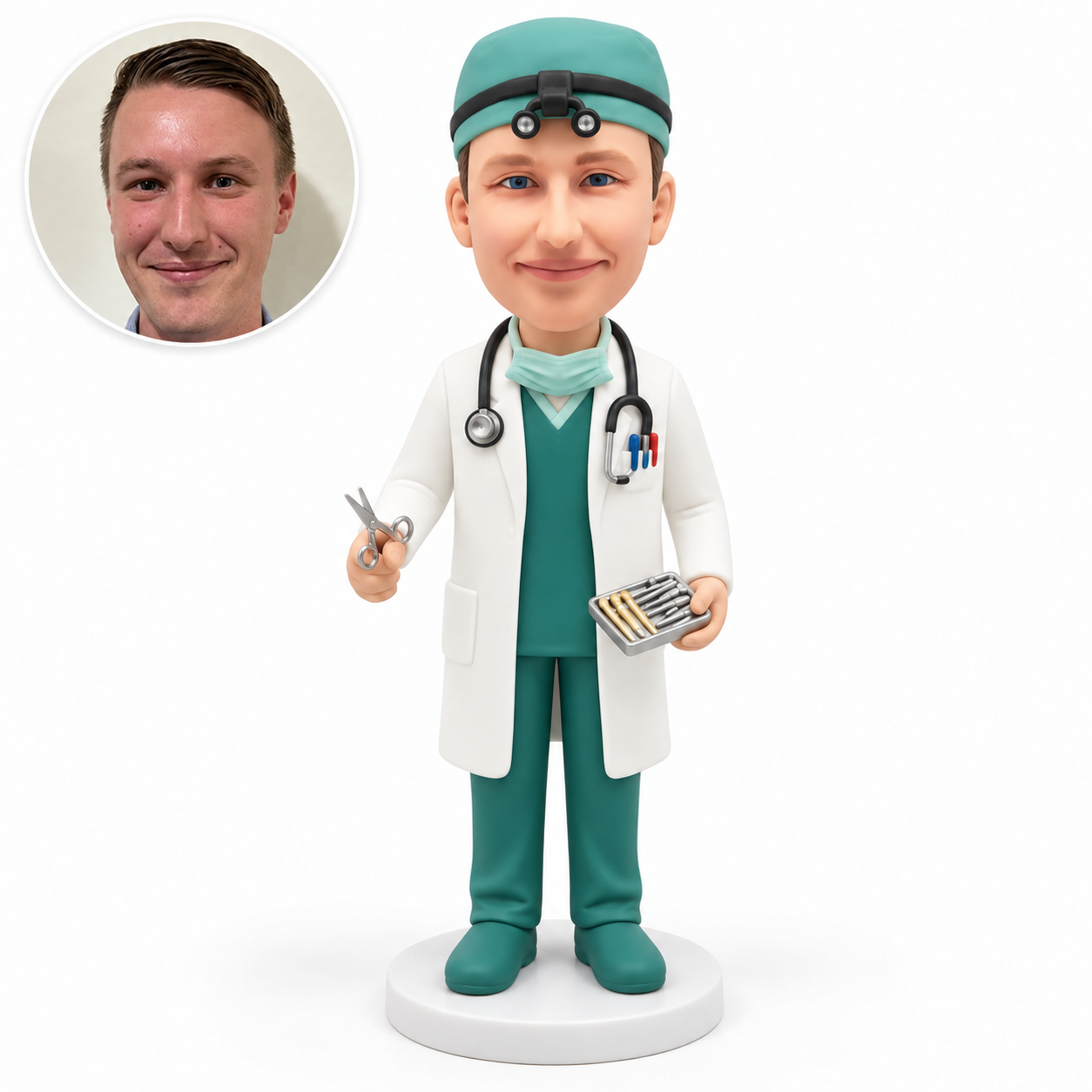 custom bobblehead figure male surgeon doctor holding scissors in his right hand and an instrument tray in his left hand