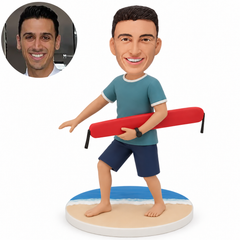 custom bobblehead figure man carrying a rescue float across his waist with his left hand in a stepping pose