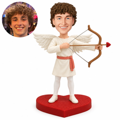 Personalized clay Cupid with feather wings, drawn heart arrow and red heart base