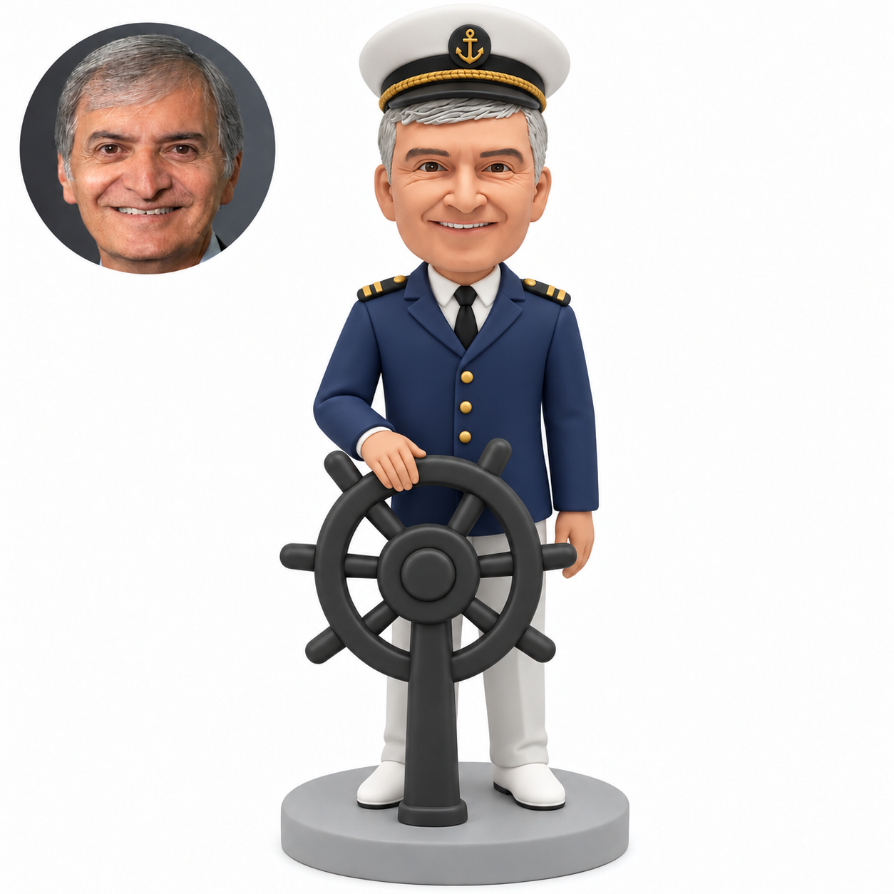 custom bobblehead figure male ship captain with his right hand resting on a pedestal-mounted ship wheel