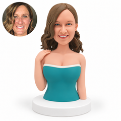 custom bobblehead figure female half-body portrait bust in a strapless bodice with her right hand resting on her shoulder