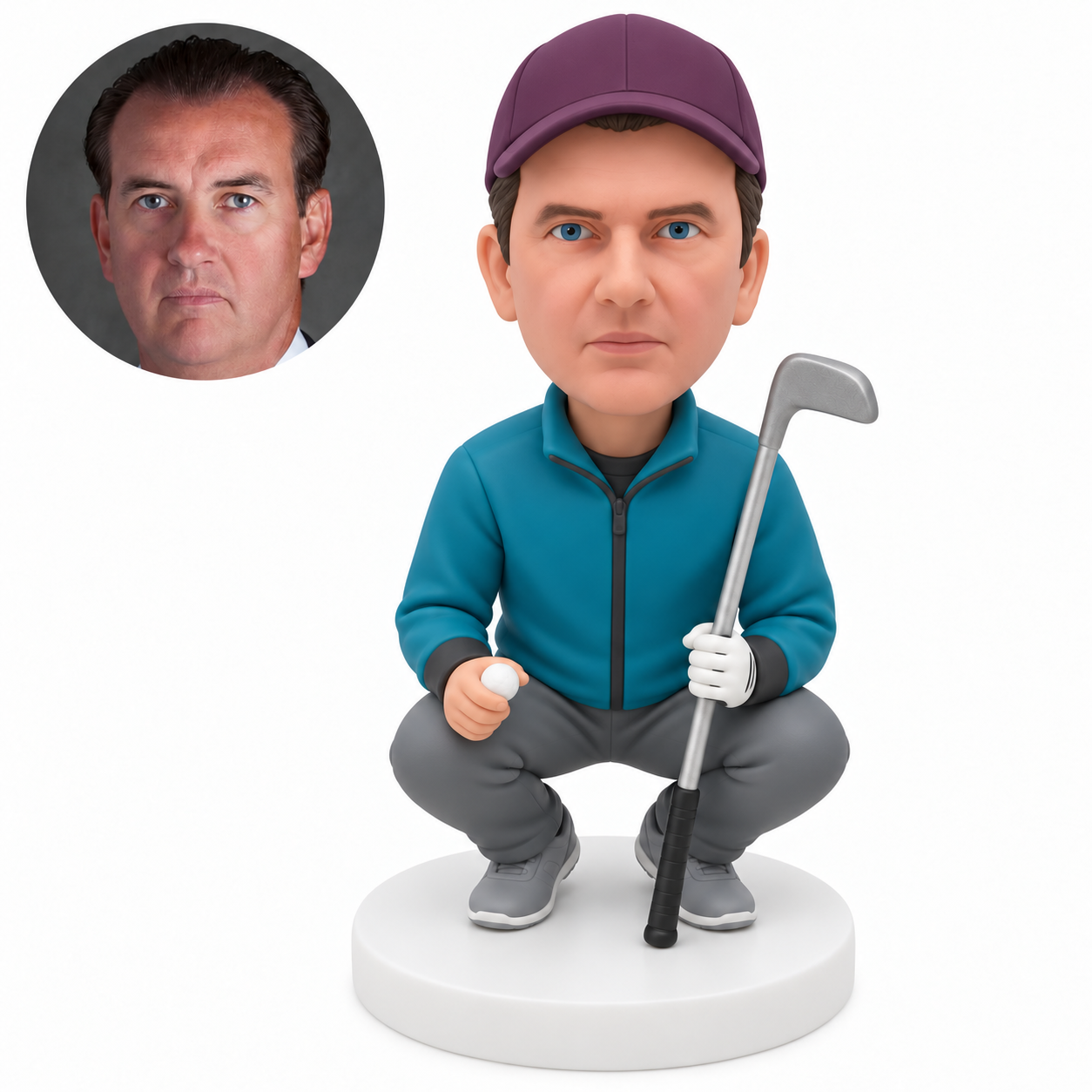 custom bobblehead figure male golfer in a full squat holding a golf ball in his right hand and an inverted iron club in his left gloved hand