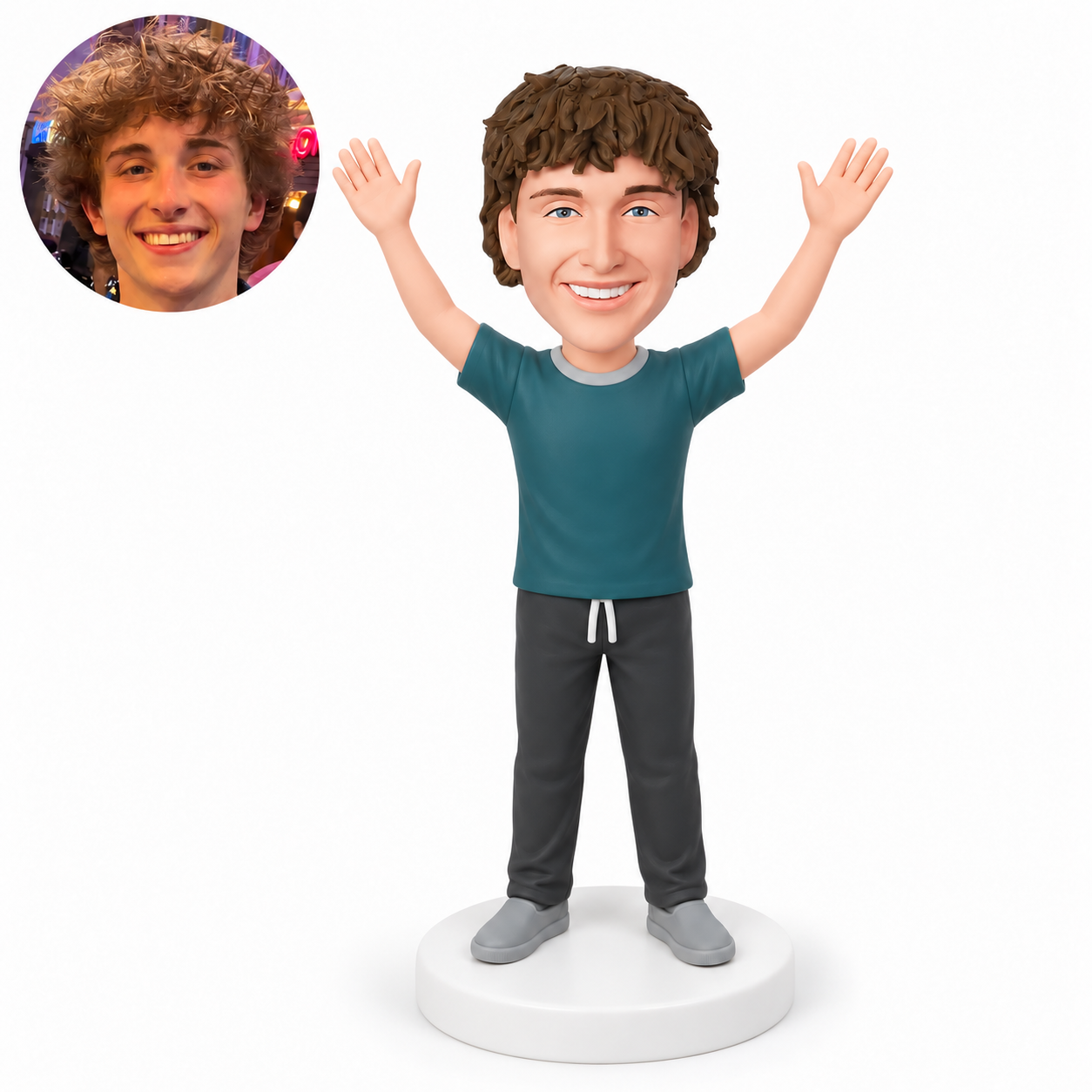 custom bobblehead figure man standing upright with both open palms raised