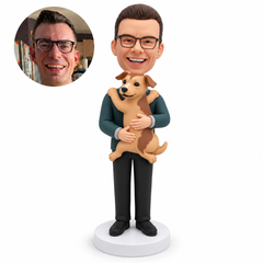 custom bobblehead figure man embracing an upright sculpted dog with its front paws on his shoulders