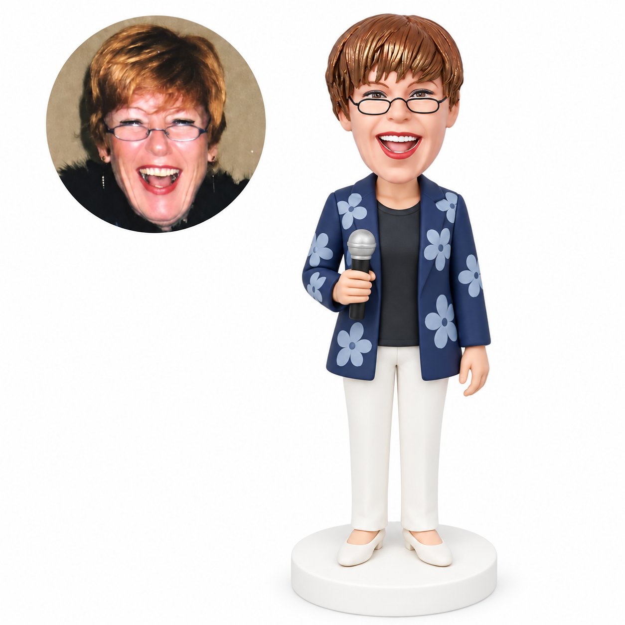 custom bobblehead figure older woman holding a microphone in her right hand in front of her waist with her left arm lowered