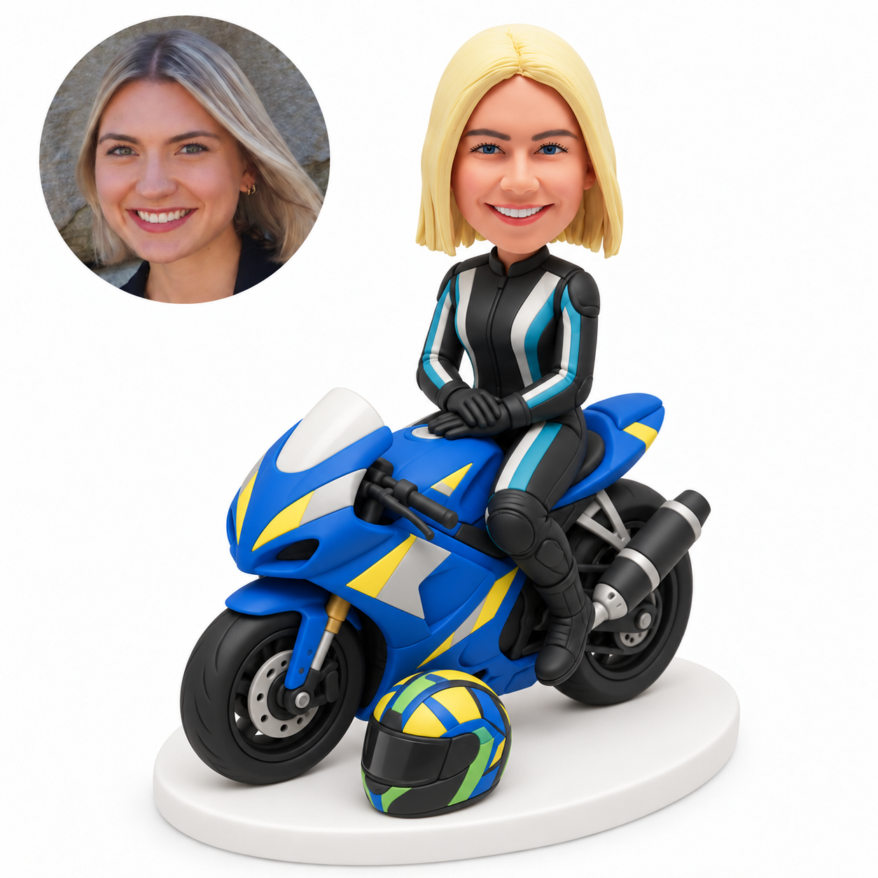 custom bobblehead figure female rider seated on a sport motorcycle with both hands clasped on the fuel tank and a fixed helmet on the base