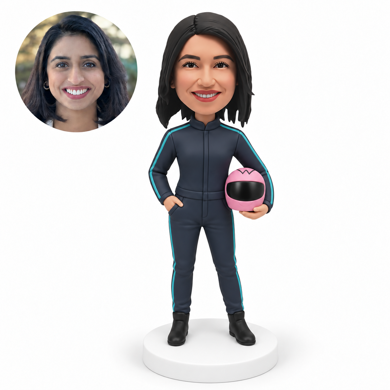 custom bobblehead figure female racer holding a full-face helmet at her left hip with her right hand in her pocket