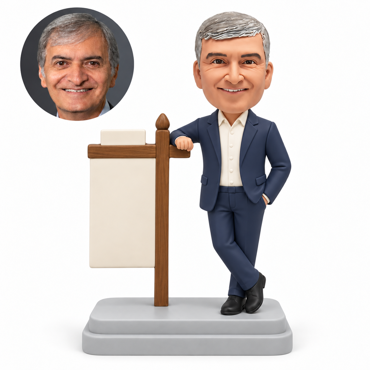 custom bobblehead figure man resting one hand on a wooden signpost crossbar with his other hand in his pocket
