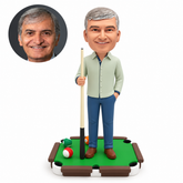 custom bobblehead figure man holding a pool cue with his other hand in his pocket on a pool-table-shaped base