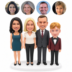 custom bobblehead figures four family members with two women a man and a boy standing in a row with lowered arms