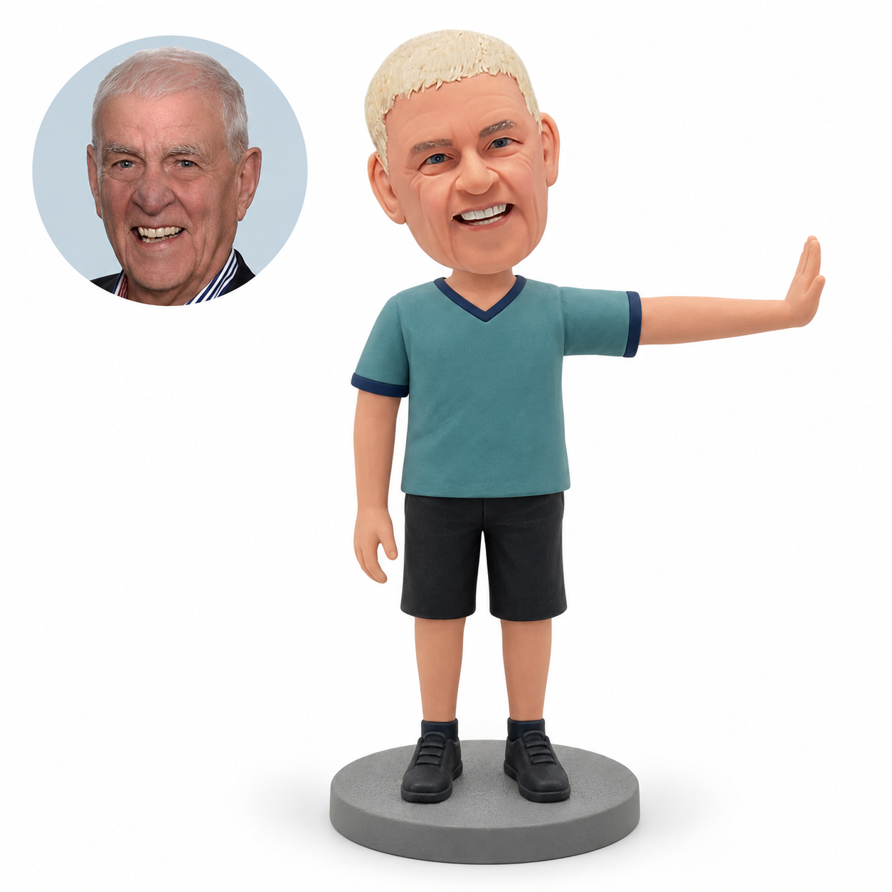 custom bobblehead figure male coach standing with one empty arm extended sideways and his other arm down