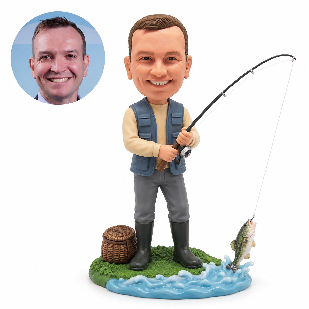 custom bobblehead figure male fisherman reeling a bent rod with both hands beside a hooked fish and wicker basket