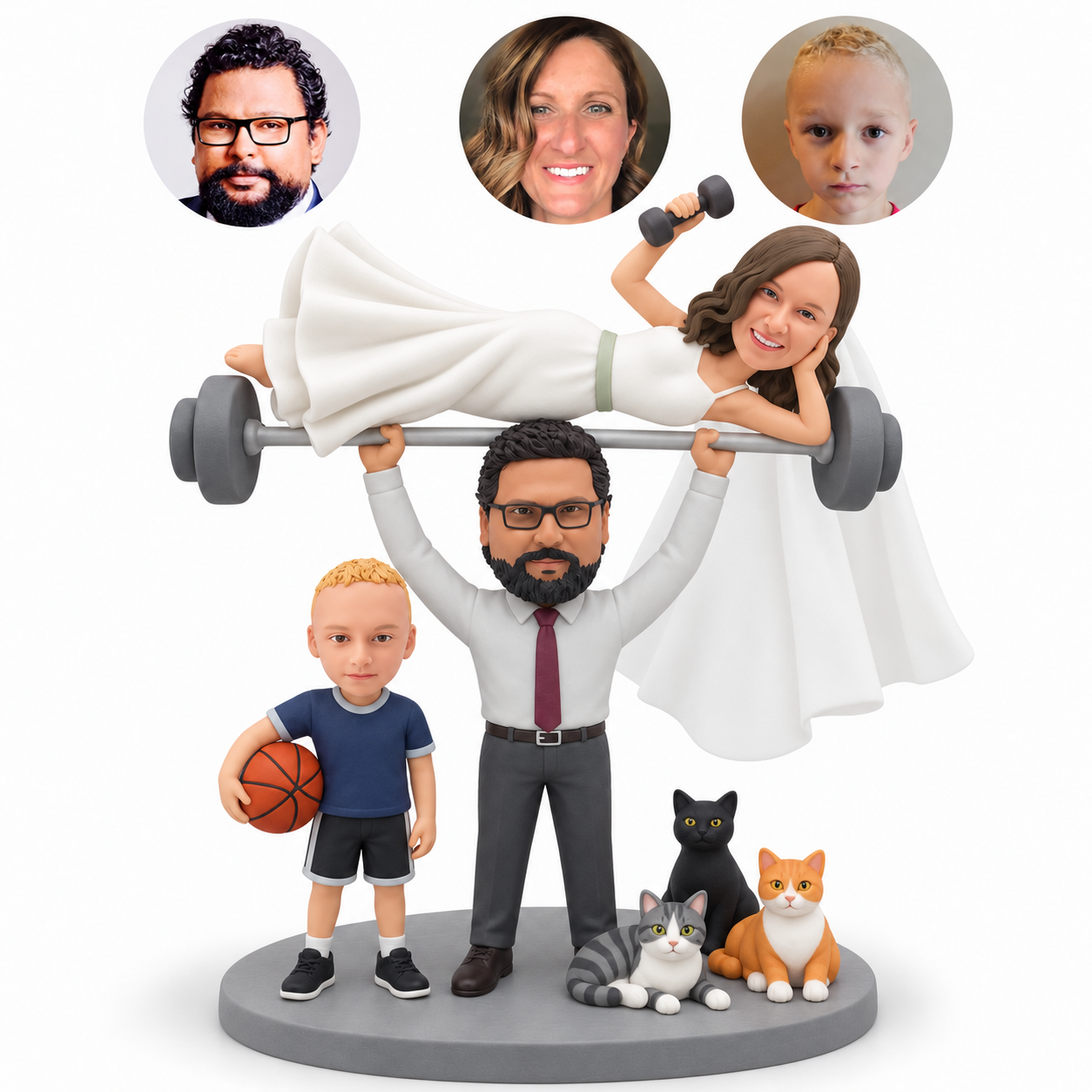 custom bobblehead figures overhead bride on barbell with basketball son and three fixed sculpted cats