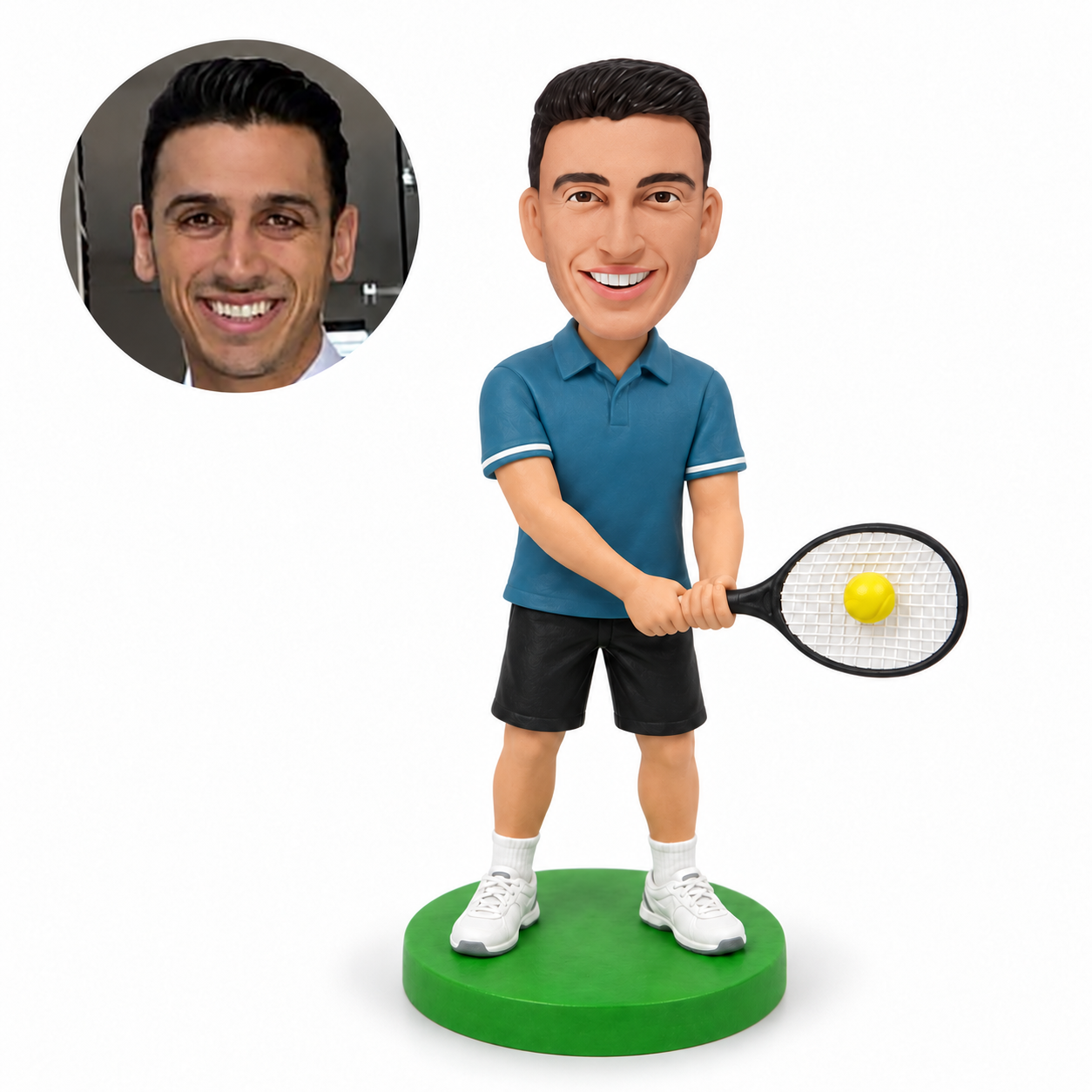 Custom male tennis player clay bobblehead holding one low racket with both hands and a fixed yellow ball in its strings, with matching real portrait photo.