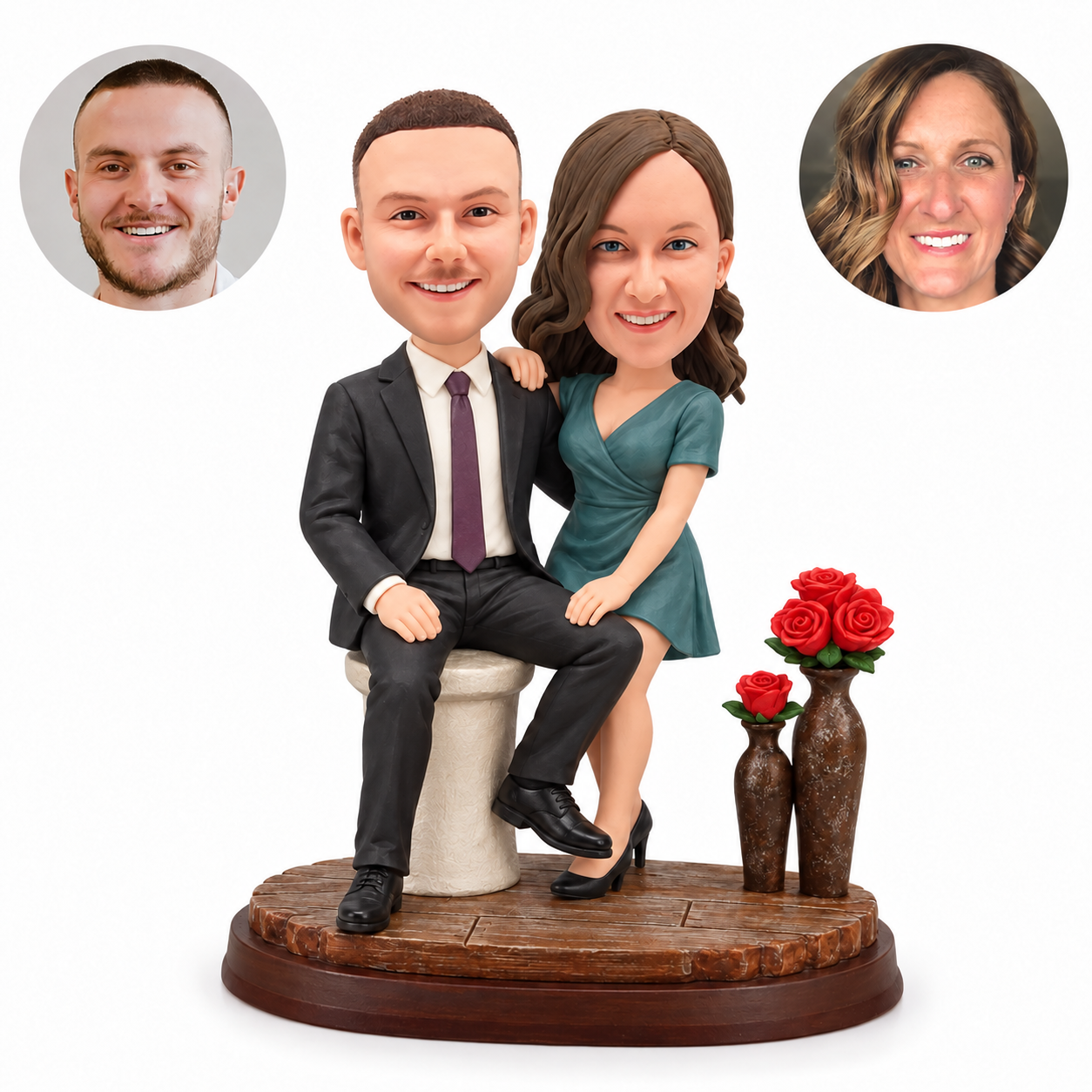 Custom clay couple bobbleheads beside two rose vases, with man seated on a round stool and woman leaning at his side, plus matching real photo portraits.