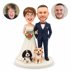 Custom clay wedding couple arm in arm with bouquet and two fixed dogs, with matching real photo portraits.