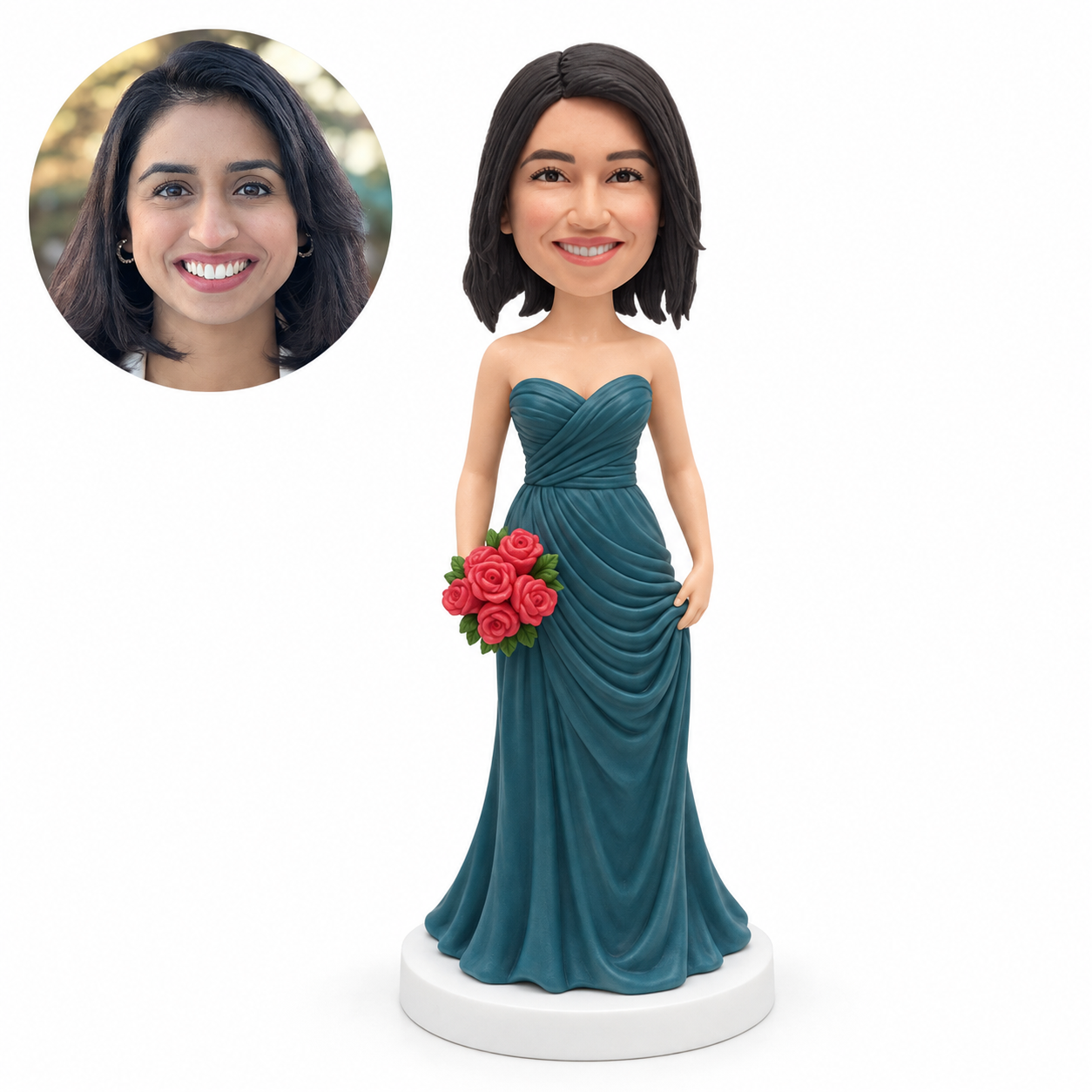 Custom bridesmaid bobblehead in a draped teal gown holding roses and lifting her skirt, with matching real photo portrait.