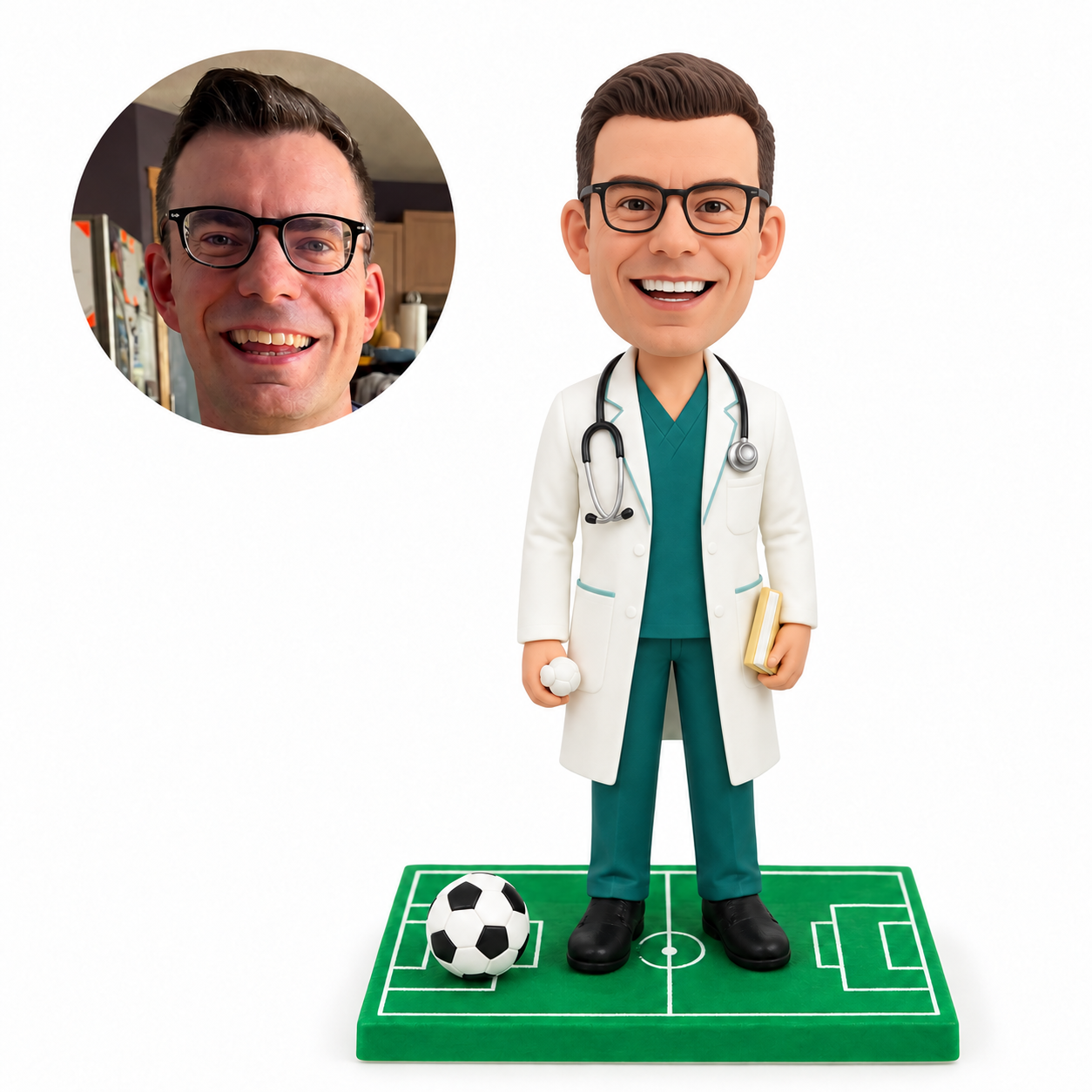 Custom male doctor bobblehead in teal scrubs holding a small ball and book on a soccer field base, with matching round portrait reference.