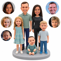 Five-person custom clay family: father and mother stand behind a daughter, a seated toddler and a son, with matching real portrait circles.