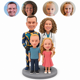 Four-person clay family bobblehead with hero-suited father and doctor mother behind a boy and girl, plus four matching real portrait circles