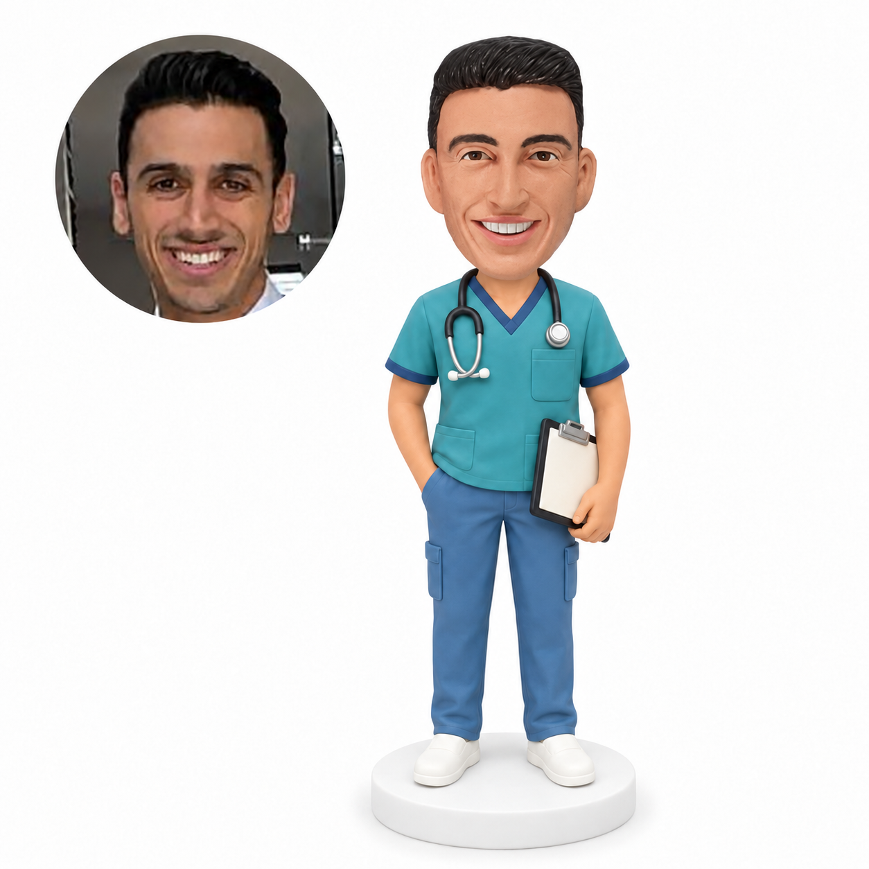 Personalized male nurse bobblehead in sage scrubs holding a clipboard with one hand in pocket