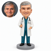 Custom clay male doctor holding a round-headed medical instrument in his right hand with an empty open left palm