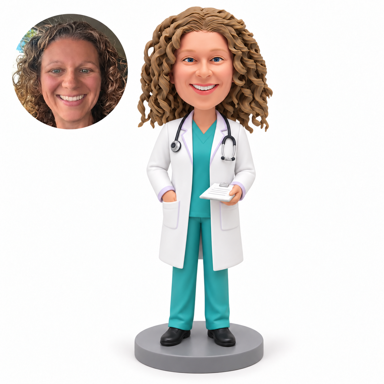 Female doctor bobblehead with a flat clipboard in her left hand and her right hand in her coat pocket